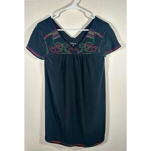 Madewell Black Silk Embroidered Boho Chic‎ Mini Dress Short Sleeve